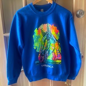 Vintage Gilden Blue Neon Horse Saratoga Graphic Sweatshirt Mens Unisex S
